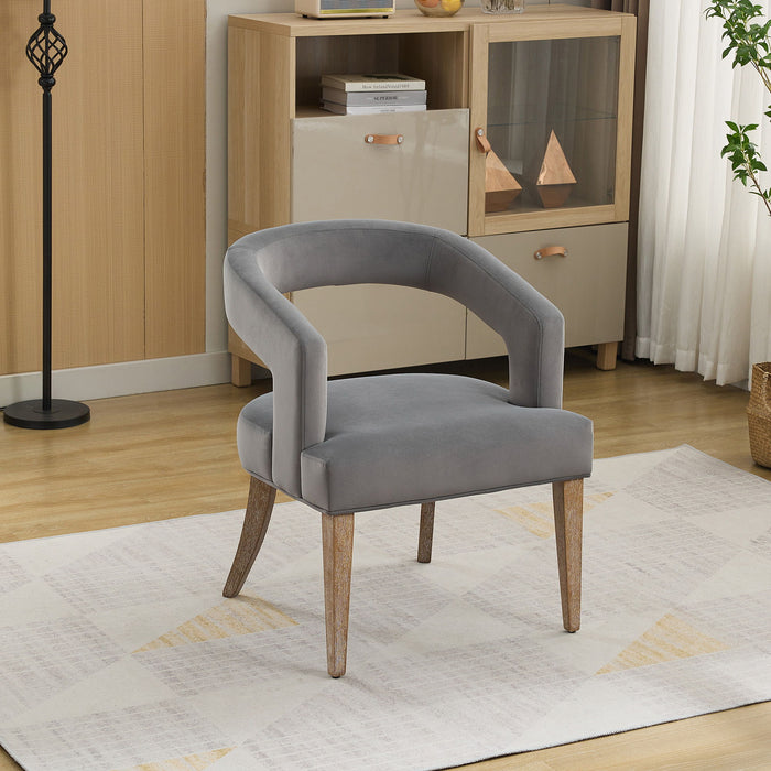 Wide Modern Barrel Open Back Upholstered Accent Chair With Weathered Solid Wood Legs
