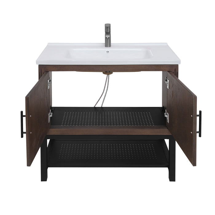 Modern Freestanding Bathroom Vanity With Ceramic Sink, Hot And Cold Faucet, Storage Cabinet & Open Shelf