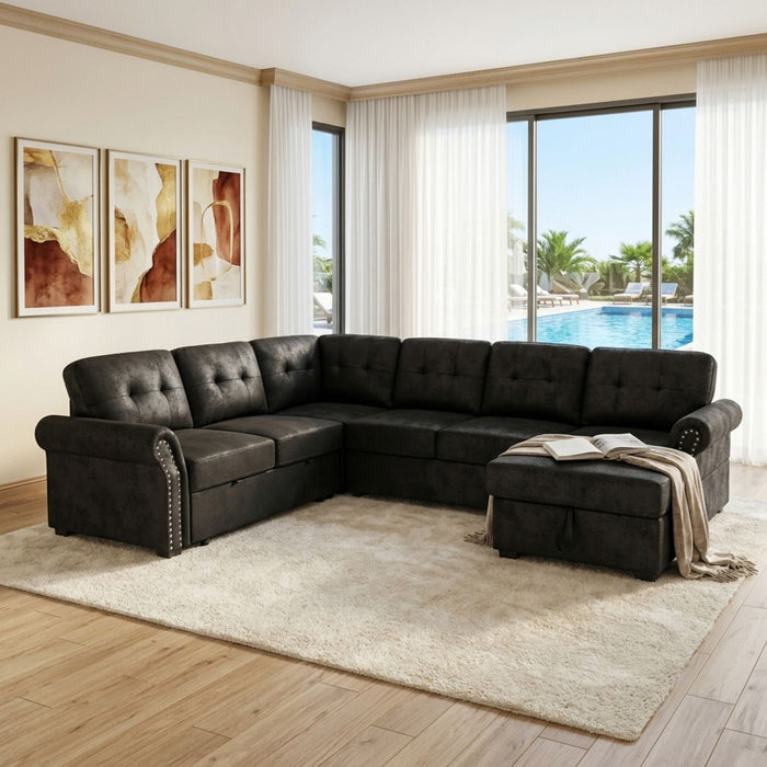 U Shape Sectional Sleeper Sofa With Pull Out Bed And Storage Chaise - Black
