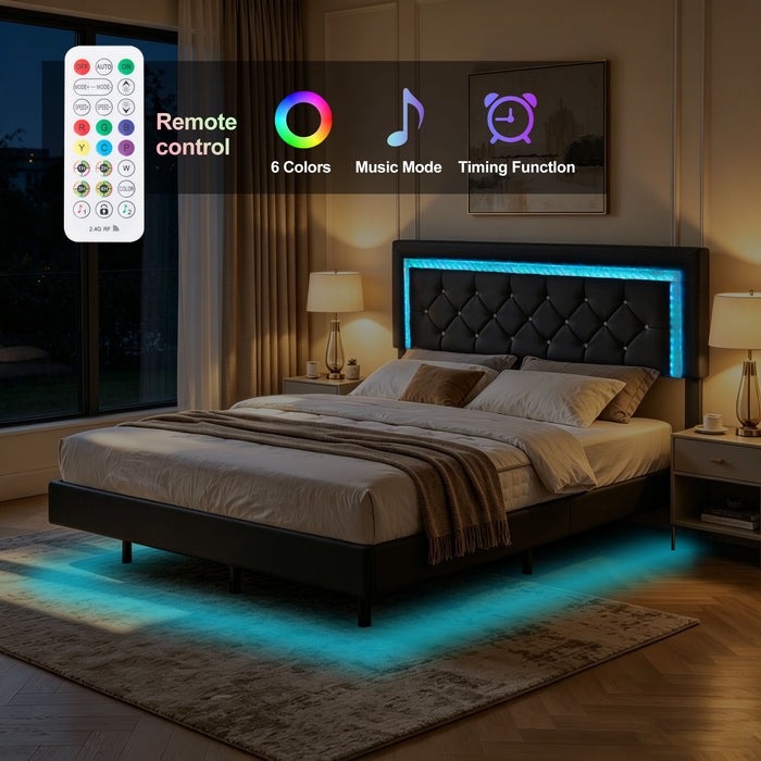Platform Bed Frame With Adjustable Upholstered Headboard, RGB LED Lights, No Box Spring Needed