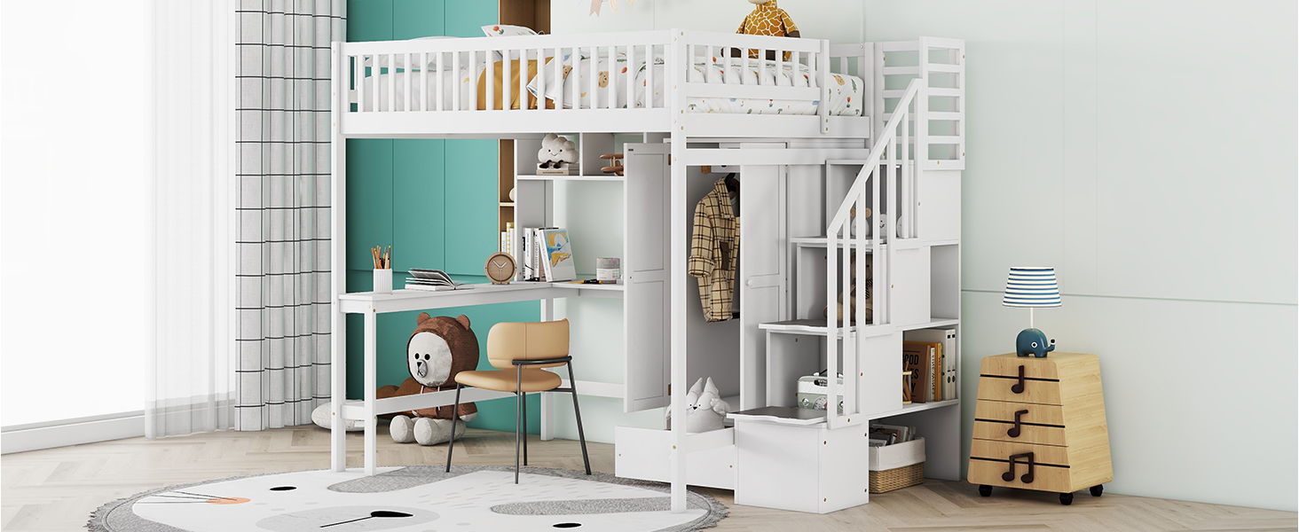 Loft Bed With Bookshelf, Drawers, Desk, And Wardrobe