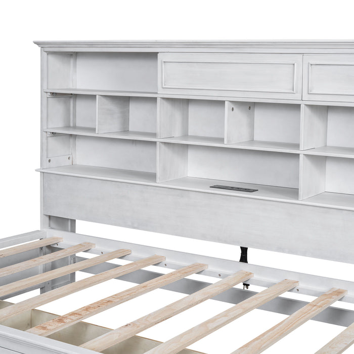 Twin Size Wood Daybed With Multi - Storage Shelves, Charging Station And 3 Drawers, Antique White