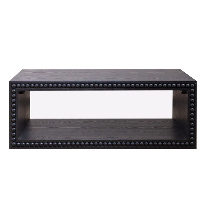 Beaded Edge Coffee Table, Rectangular Center Table With Open Storage Shelf - Black
