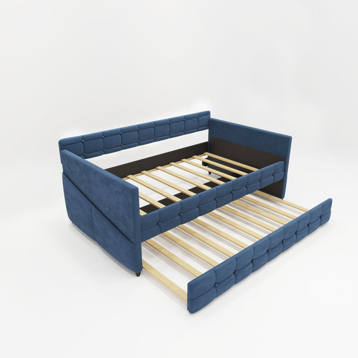 Upholstered Twin Size Daybed Bed Frame (Corner Bed) With Trundle, Velvet Fabric, Studding Design, No Box Spring Required