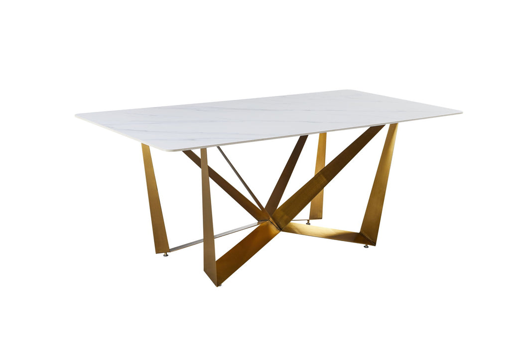 Titanium Gold Stainless Steel Dining Table With Polished Snow Mountain Stone Surface