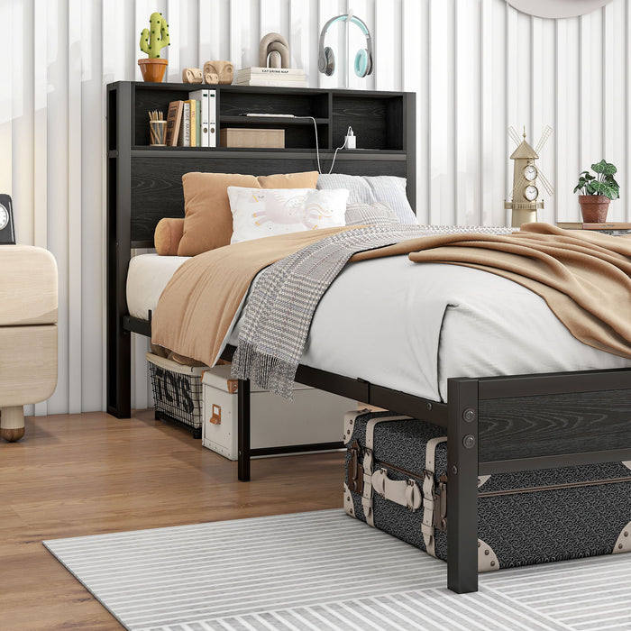 Modern Metal Platform Bed Frame With Storage Headboard And Charging Station