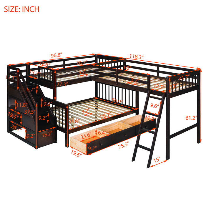 Solid L Shaped Bunk Bed With 3 Drawers, Ladder And Staircase