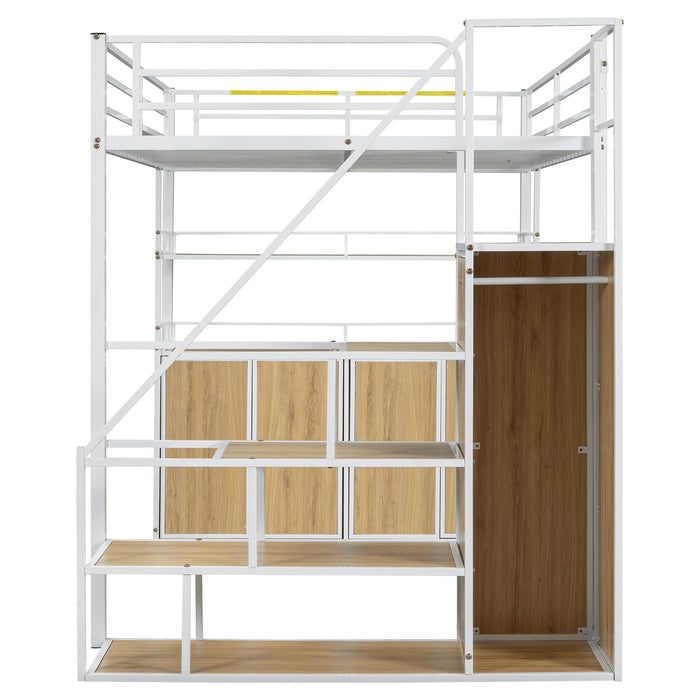 Full Size Loft Bed With Storage Staircase, Wardrobe, Shelves, And Lockers Natural Mdf Details - White / Natural