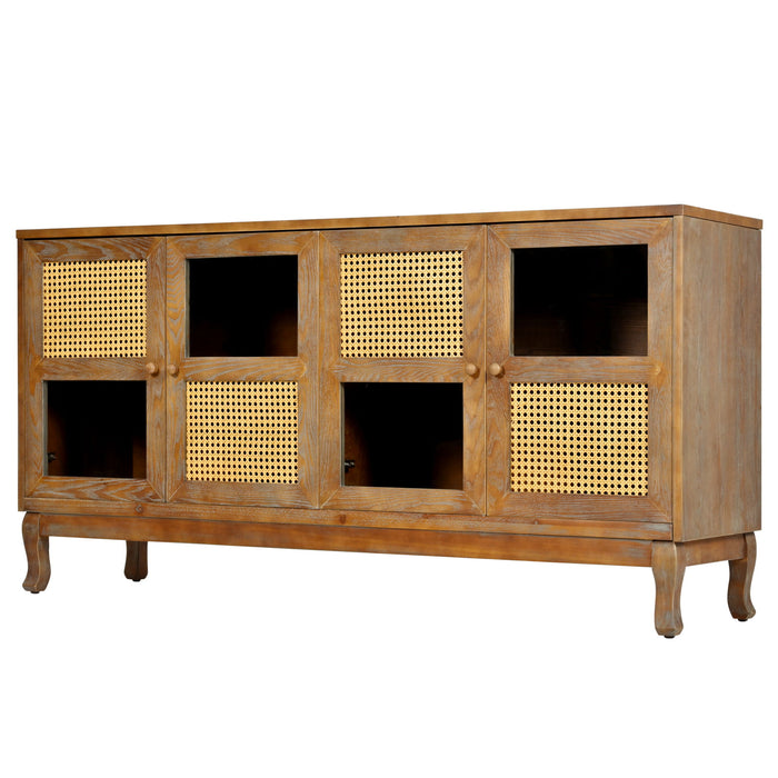 Retro Industrial 4 Door Sideboard With Large Storage, Rattan And Glass Doors