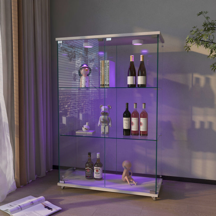 Modern Display Cabinet With LED Lights, Transparent Tempered Glass 2 Door Storage Case With 3 Shelves