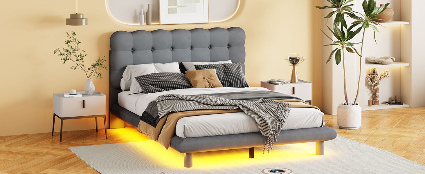 Platform Bed With LED Frame, Thick & Soft And Button Tufted Design Headboard