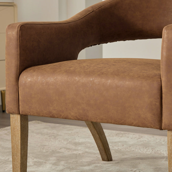 Upholstered Open Back Armchair With Weathered Rubberwood Legs