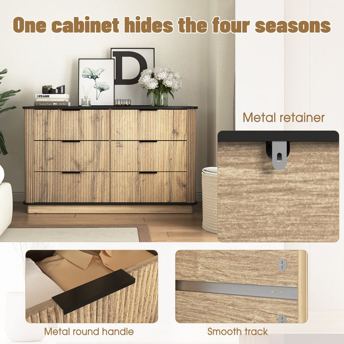 Modern 6 Drawer Cabinet With Metal Rounded Corners And Exquisite Handles Multi Functional Storage - Natural Wood
