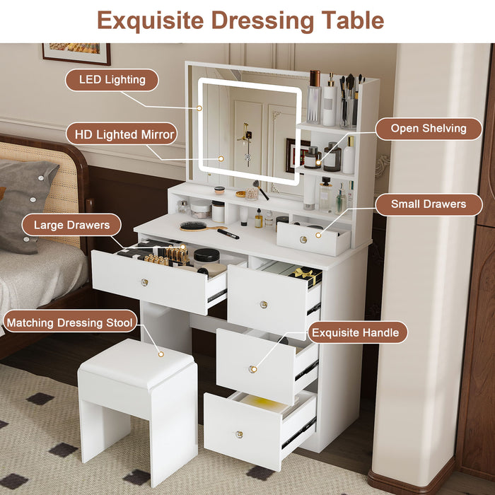 Vanity Desk With Mirror, 3 Color Lighting And Stool