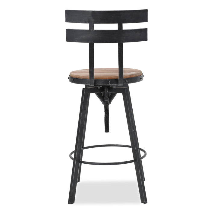 Rustic Metal Barstool With Wooden Seat - Black Brush Silver
