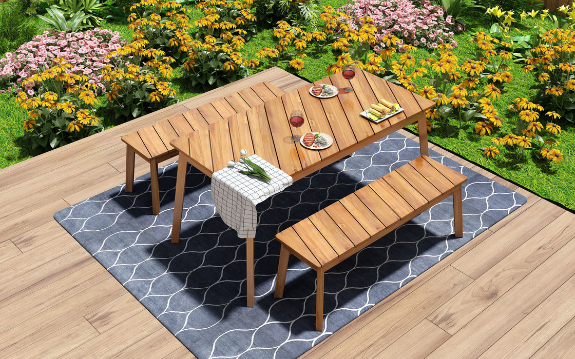 Go 3 Pieces Acacia Wood Table Bench Dining Set For Outdoor & Indoor Furniture With 2 Benches, Picnic Beer Table For Patio, Porch, Garden, Poolside, Natural