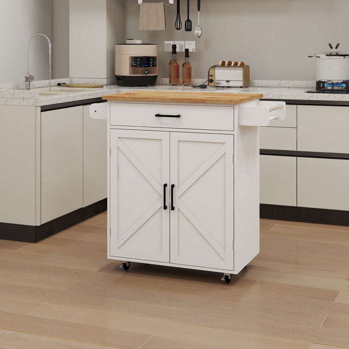 Kitchen Island Rolling Trolley Cart With Adjustable Shelves & Towel Rack & Seasoning Rack Rubber Wood Table Top - White
