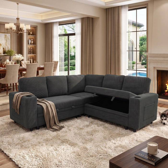 Upholstered L - Shape Sectional Sofa Bed With Pull Out Sleeper And Storage