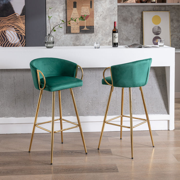 (Set of 2) Bar Stools, With Chrome Footrest And Base / Golden Leg Simple Bar Stool, Green