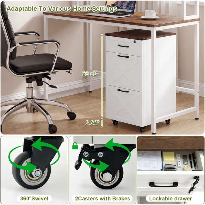 3 Drawer File Cabinet With Wheels, Vertical Rolling Storage For Letter / A4, Printer Stand & Mobile Organizer For Home Office - White