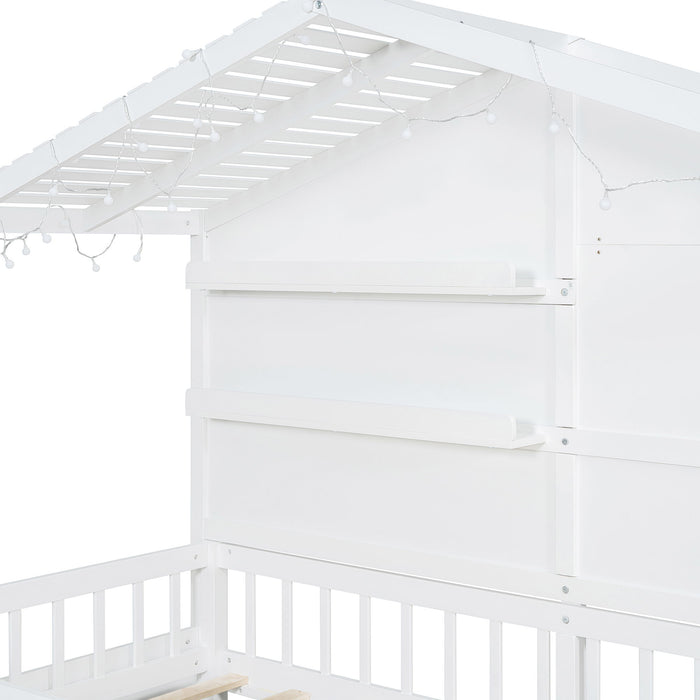 House Bed With Shelves, Window And Sparkling Light Strip On The Roof