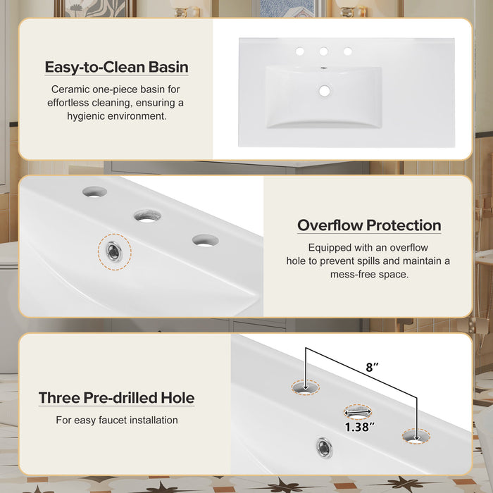 Bathroom Vanity With Ceramic Sink Combo, Abundant Storage Cabinet 2 Soft Close Doors And 5 Drawers