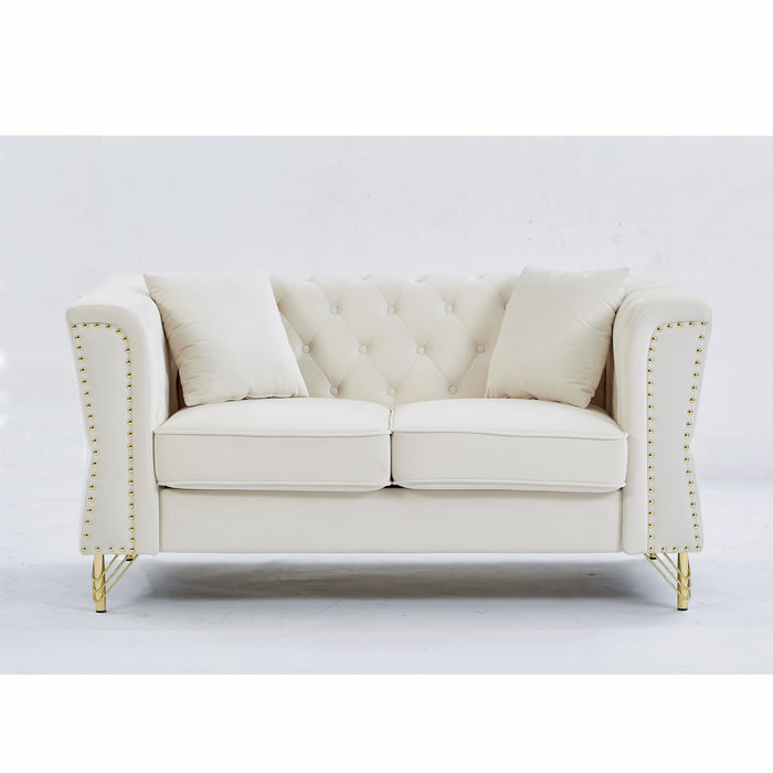 60.2" Chesterfield Sofa Beige Velvet For Living Room, 2 Seater Sofa Tufted Couch With Metal Foot And Nailhead For Bedroom, Office, Apartment, Two Pillows