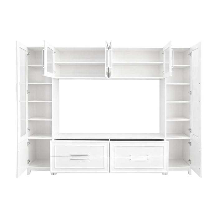Wall Unit Entertainment Center With Glass Doors For TVs Up To 75" With Drawers For Living Room - White