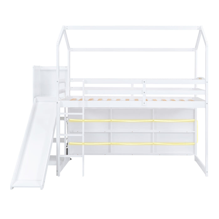 House Loft Bed With Slide, Storage Shelves And Light, Climbing Ramp