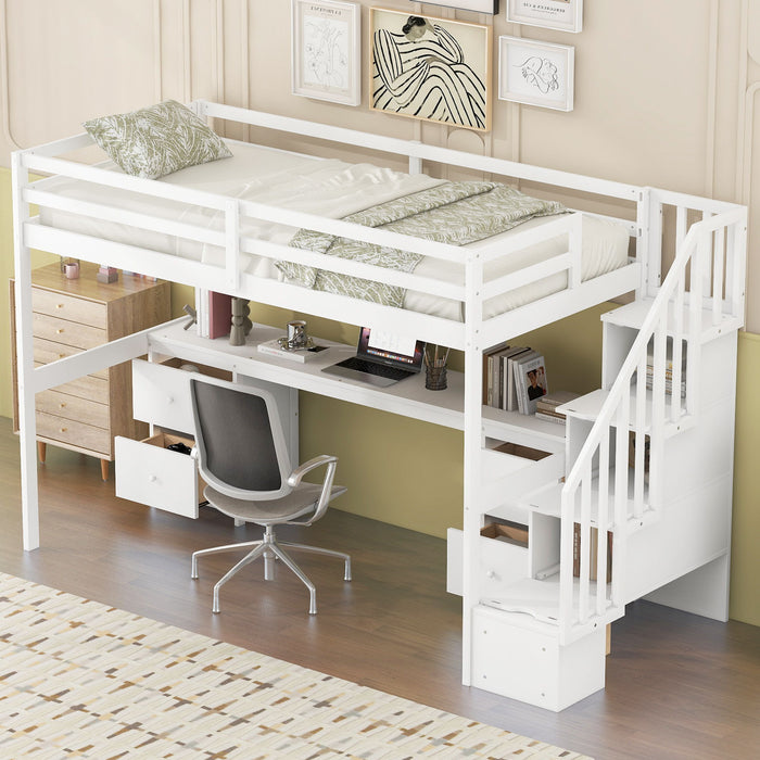 Loft Bed Frame With Built In Desk And Double Storage Drawers