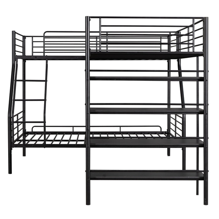 L-Shaped Twin Over Full Bunk Bed And Twin Loft Bed With 4 Built In Shelves - Black