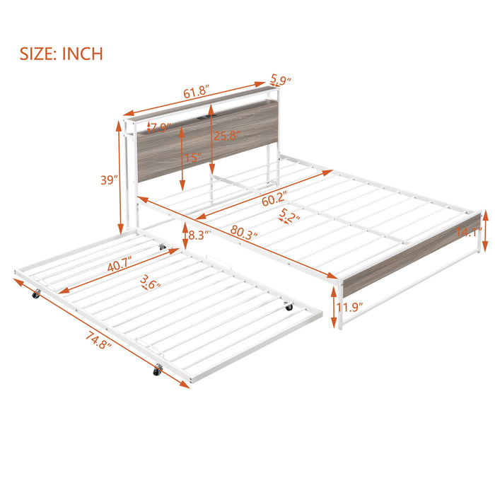 Platform Bed Frame With Trundle, USB Ports And Slat Support, No Box Spring Needed