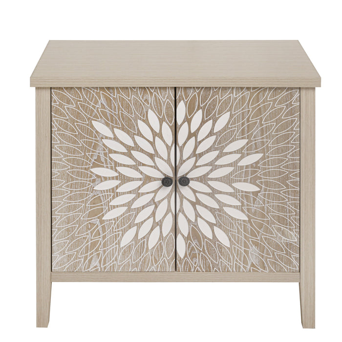 2 Door Carved Storage Cabinet With Adjustable Shelf, Accent Furniture
