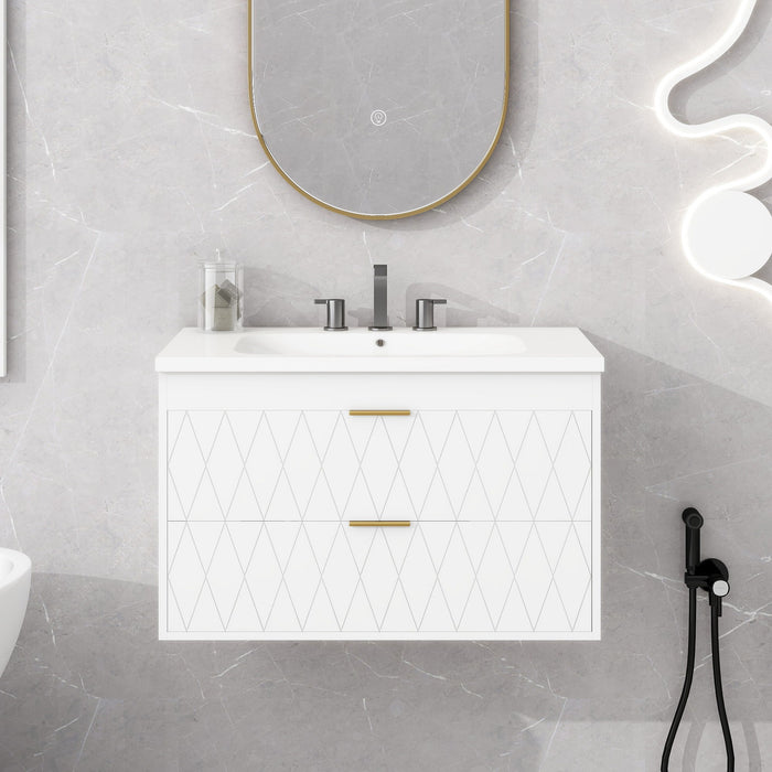 30" Wall Mounted Bathroom Vanity With Resin Sink, Floating Bathroom Storage Cabinet With 2 Drawers, Solid Wood Bathroom Cabinet - White