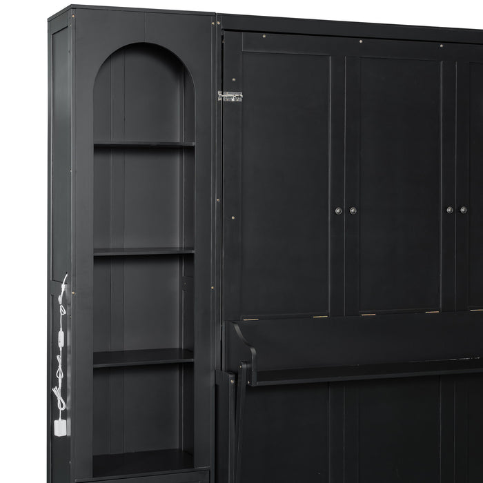 French Style Murphy Platform Bed With Shelf, Side Cabinets, Drawers And LED