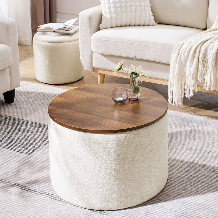 Classic 2 Piece Round Storage Ottoman Set With Drum Shaped Stool