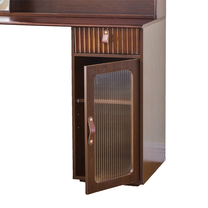 Modern Elegance Makeup Vanity Desk With Adjustable Lighted Mirror Storage Shelves Drawer And Cabinet - Walnut