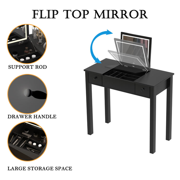 Vanity Table With LED Lights, Flip-Top Mirror And 2 Drawers, Jewelry Storage