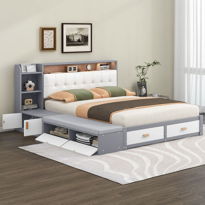 Queen Size Low Profile Platform Bed Frame With Upholstery Headboard And Storage Shelves And Drawers, Gray