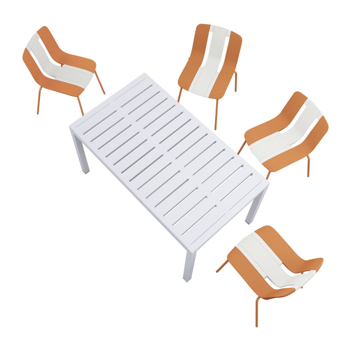 4 Piece Set Of Modern Striped Color- Blocking Single Chairs With Long Table