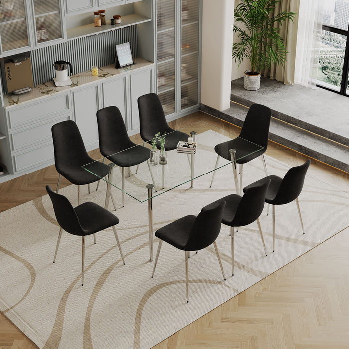 Dining Table (Set of 9) Tempered Glass Top Dining Table With Metal Legs And Eight Fabric Dining Chairs - Silver