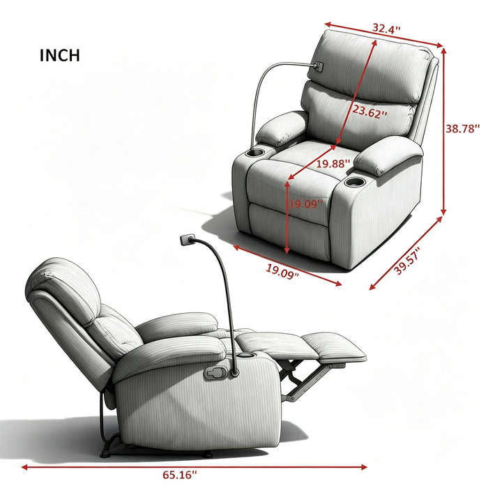 Adjustable Manual Recliner, Ergonomic Lounge Chair With Phone Holder And 2 Cup Holders
