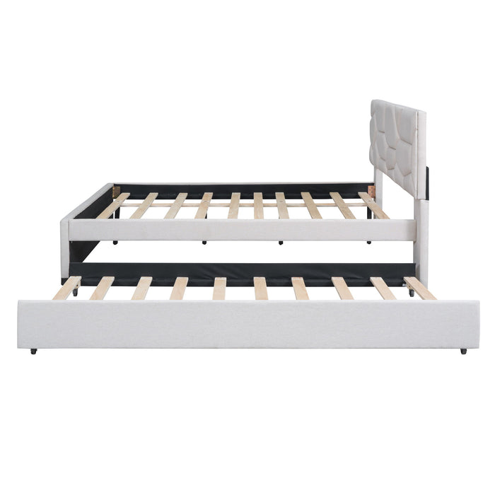 Upholstered Platform Bed With Brick Pattern Headboard And Twin Long Size Trundle