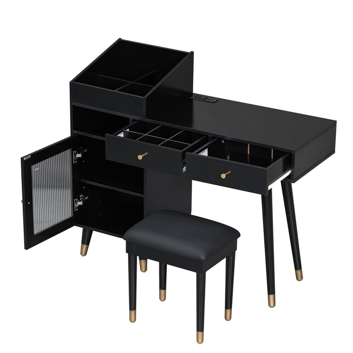 Modern Makeup Vanity Desk With Drawers Cabinet & Charging Port Engineered Wood Space Saving Design For Small Places - Black