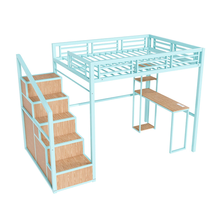 Heavy Metal Frame Full Loft Bed With Desk & Storage, 4 Cabinets, Staircase, Rack Space Saver - Green