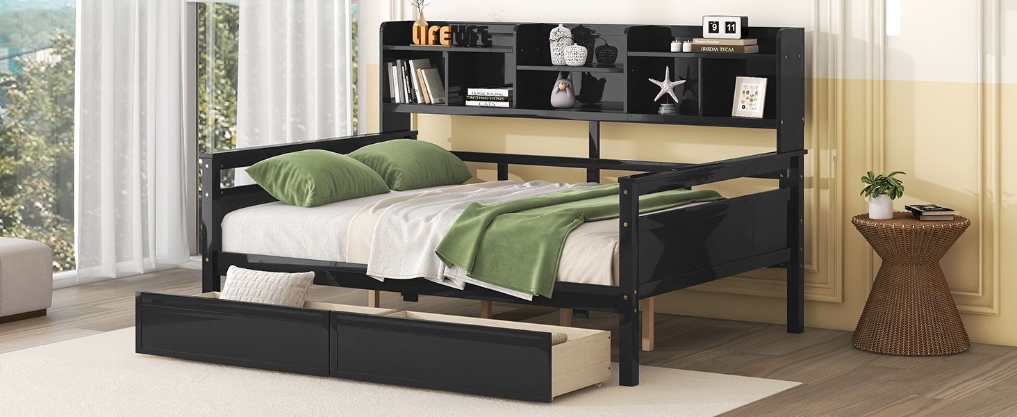 Daybed, Wood Slat Support, With Bedside Shelves And Two Drawers