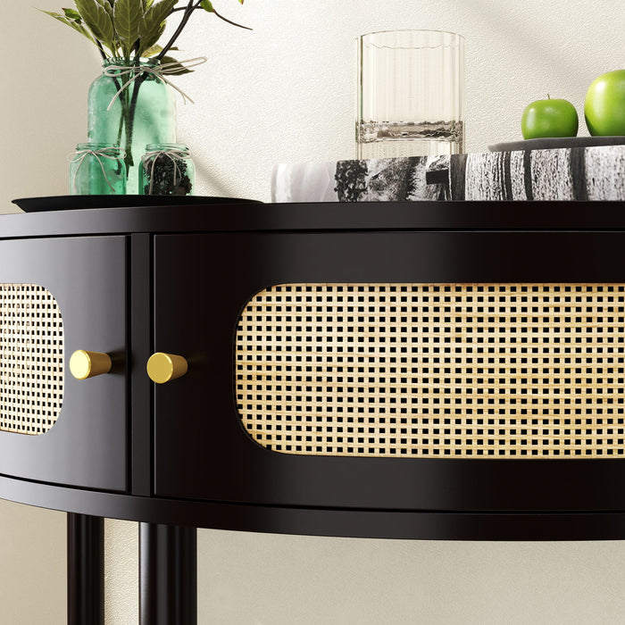 Boho Rattan Semi Circle End Table With Sliding Rattan Door, Storage And Bottom Shelf