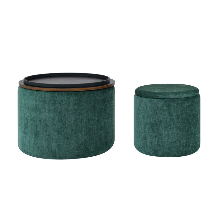 Classic 2 Piece Round Storage Ottoman Set With Drum Shaped Stool