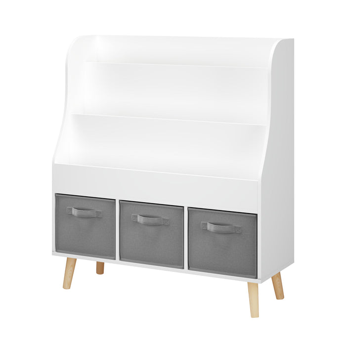 Bookshelf With 3 Storage Bins, Book Display Organizer, Front Facing Book Rack - White