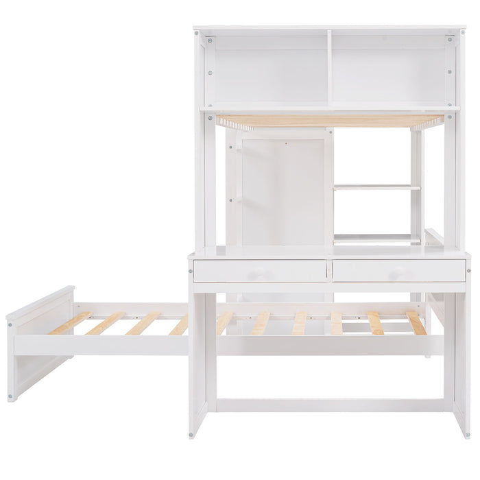 Loft Bed With A Stand Alone Bed, Shelves, Desk, And Wardrobe